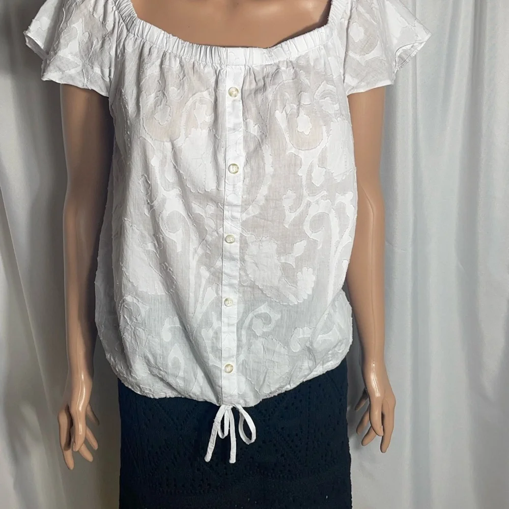 Laundry By Shelli Segal White Textured Cotton Blouse Flutter Sleeve Small - Picture 3 of 11